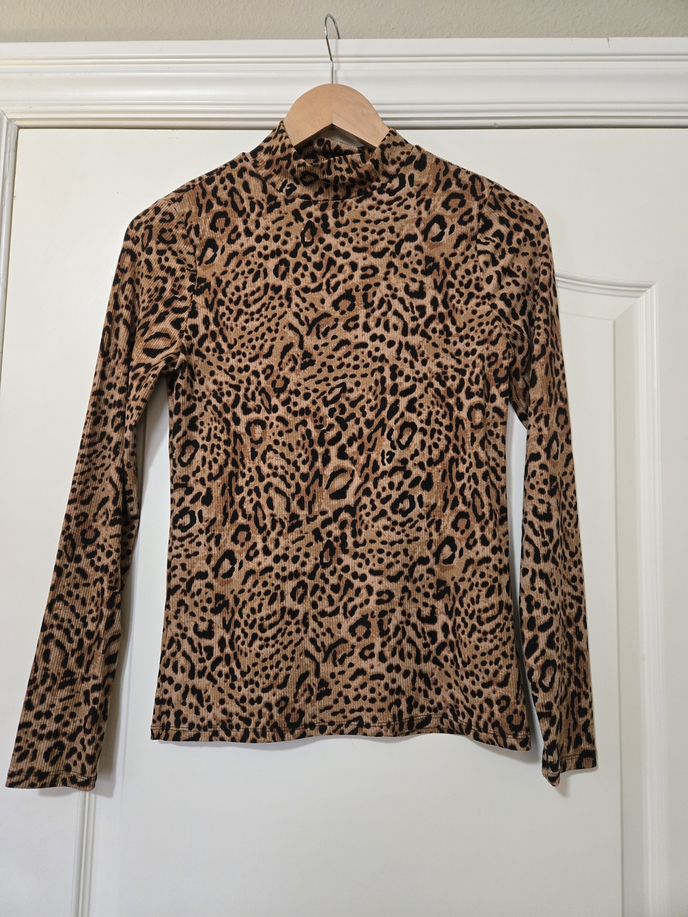 No Boundaries Tan and Black Leopard Mock Neck Long Sleeve Top